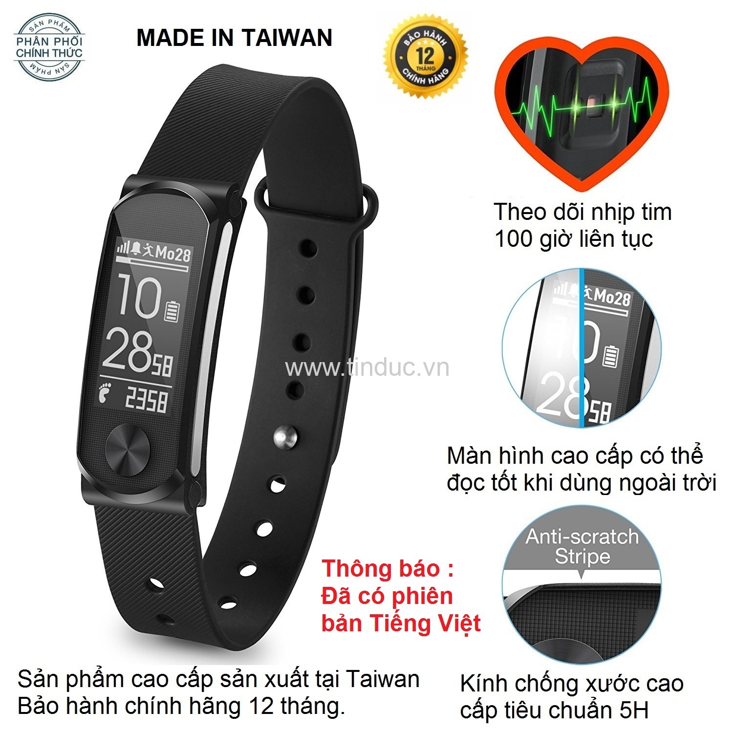 Vòng tay theo dõi sức khỏe, đo nhịp tim cao cấp Q-Band Q68HR New - Dây Đen (Sản xuất tại TAIWAN)