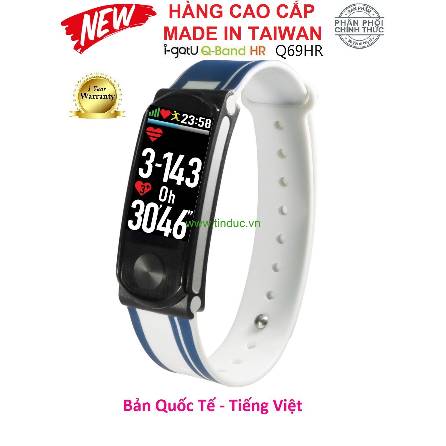 Vòng tay theo dõi sức khỏe, đo nhịp tim cao cấp Q-Band Q69HR New - Dây màu xanh trắng